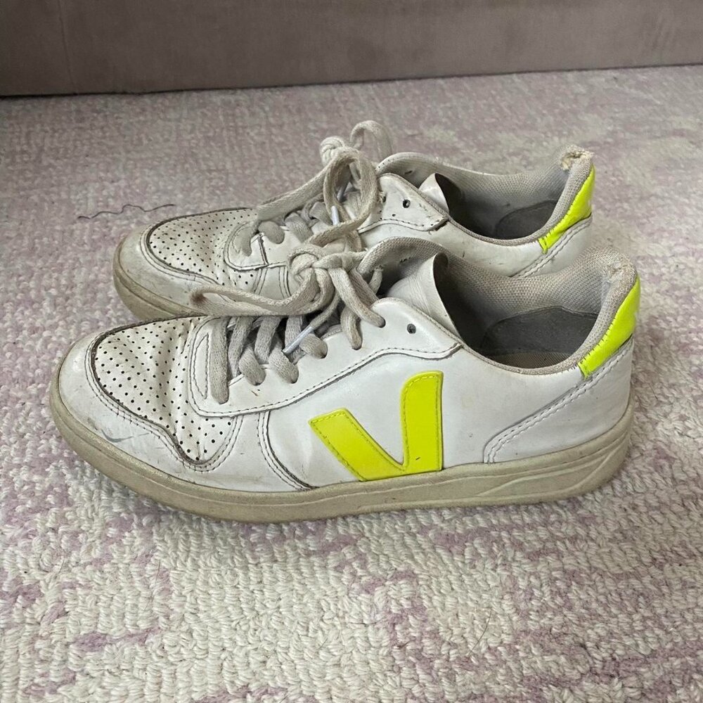 Veja Women’s White Sneakers with Neon Yellow V Detail
